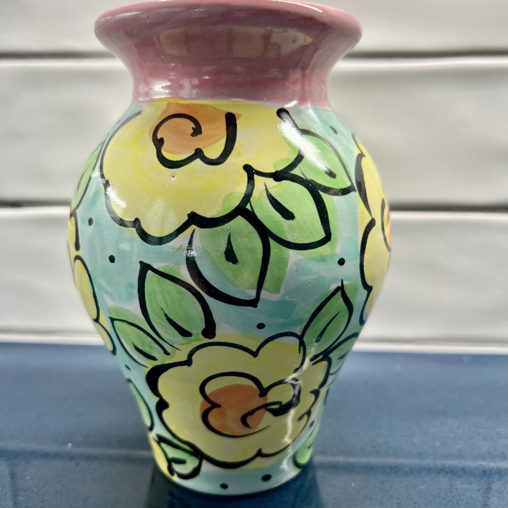 Pink, Blue, Green & Yellow Floral Artisan Signed Vase